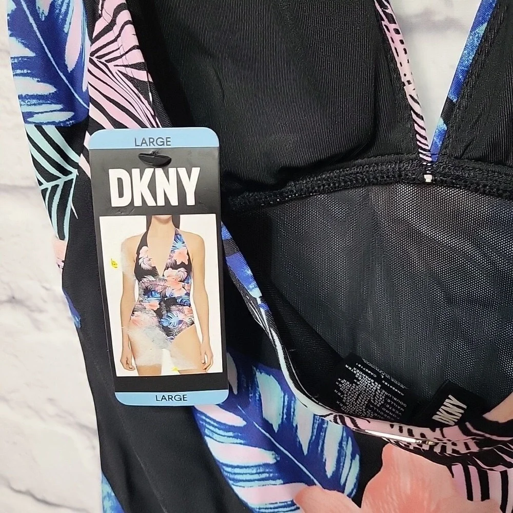 DKNY Women's Large One Piece Tummy‎ Control Swimsuit Black Floral Print Halter - Picture 4 of 7